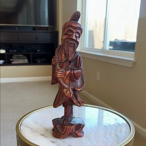 Asian Fisher Man with Fish Handcrafted Wooden Sculpture